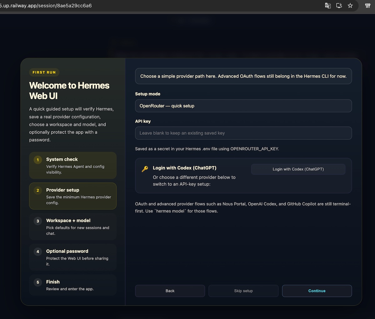 Hermes Agent WebUI Onboarding