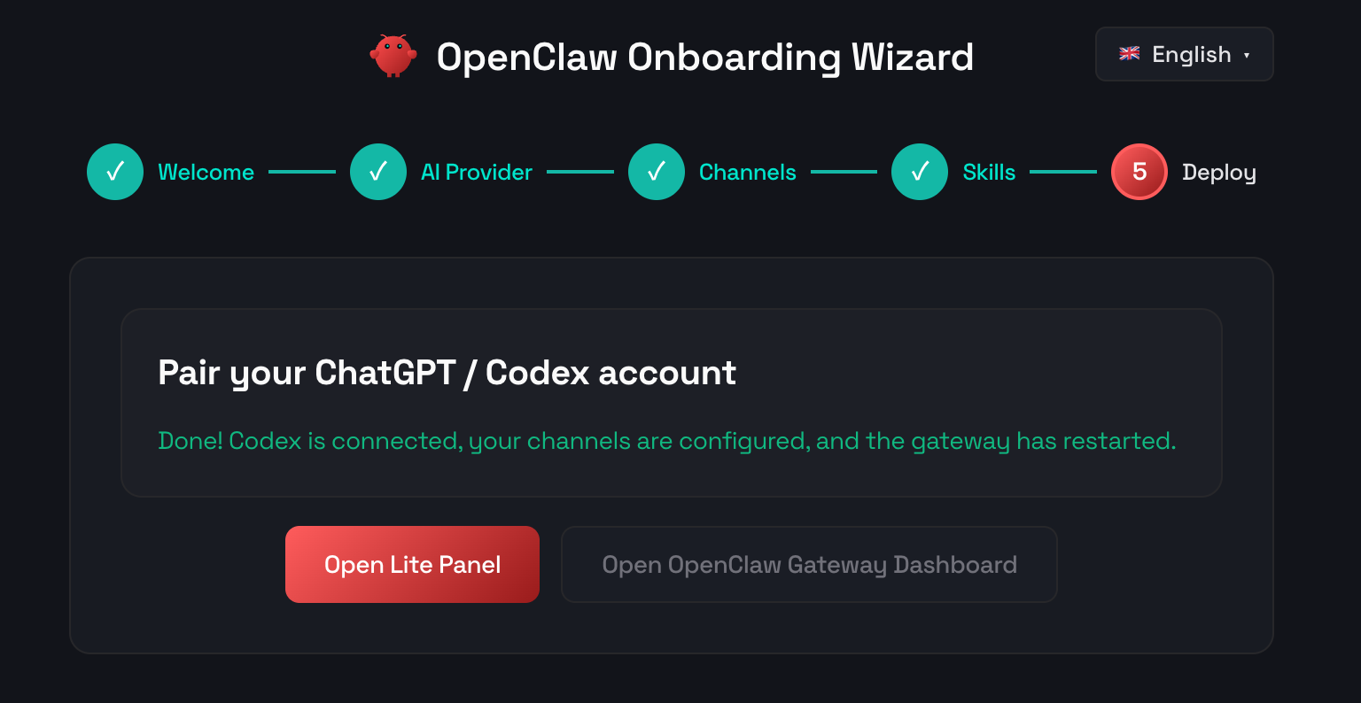 Codex pairing finished — channels configured and gateway restarted